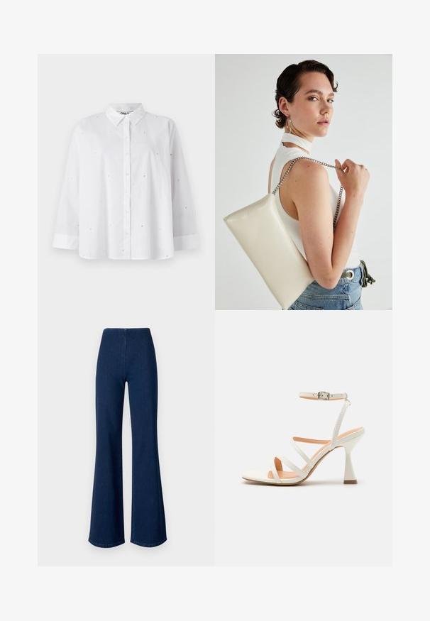 Fehér, gombos ing könnyű anyagból, kis szív alakú kivágásokkal, hosszú ujjakkal és klasszikus gallérral.; Sötétkék, trapéz szabású farmernadrág, rugalmas derékkal. Simás textúrával és széles lábszárral rendelkezik, amely a szegélyig terjed.; Fehér pántos, magas sarkú szandál bokapánttal, sima textúrával, négyzet alakú orral és formázott sarokkal. Világos bézs talpbetét.; Fehér, téglalap alakú, fényes anyagból készült clutch táska, ezüst láncos pánttal. A modell pózol, bemutatva a táskát egy egyszínű háttér előtt.