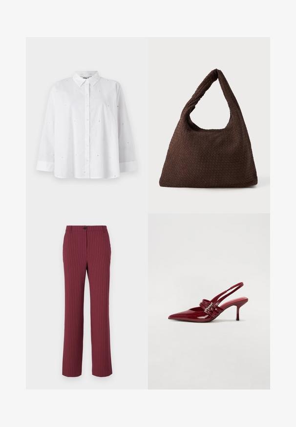 Camisa branca de botões feita de tecido leve, com pequenos recortes em forma de coração, mangas longas e um colarinho clássico.; Calças bordeaux com riscas verticais, corte reto, fecho por botão e passantes para cinto. Tecido suave com linhas verticais para um detalhe adicional.; Sapatos de salto slingback em verniz vermelho, com bico fino, duas tiras com fivela e um salto stiletto fino de altura média. Textura suave.; Saco trançado castanho com uma forma relaxada, uma alça em laço única e uma superfície texturizada. O design apresenta um estilo hobo sem hardware adicional.