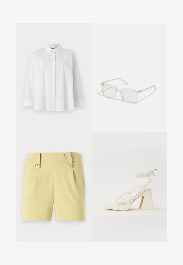 Bijela košulja s dugim rukavima od lagane tkanine, koja sadrži male izreze u obliku srca i klasičnu kragnu.; Svijetložuti šortsevi s glatkim materijalom, s dva prednja nabora i zlatnim ukrasnim gumbima na pojasu. Prilagođeni kroj.; Bijela sandala na visokoj potpetici s debelim petom, s remenom i vezanjem oko gležnja. Glatka tekstura s platformom sprijeda za dodatnu visinu.; Prozirne plastične naočale kvadratnog okvira s prozirnim lećama, koje sadrže zlatne akcentne detalje na drškama.