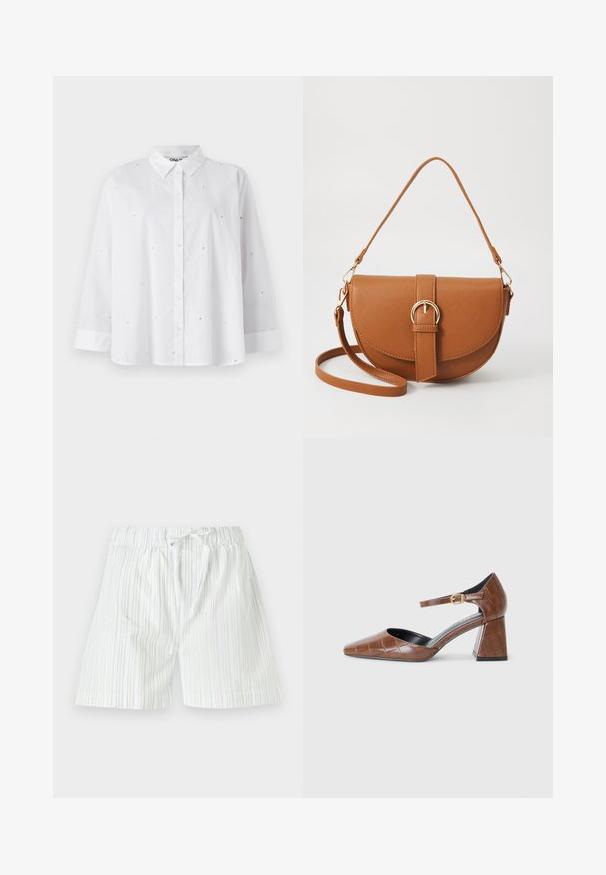 Witte button-up shirt gemaakt van lichtgewicht stof, met kleine hartvormige uitsparingen, lange mouwen en een klassieke kraag.; Heren shorts gemaakt van lichtgewicht stof, met verticale strepen in lichtblauw en wit, voorzien van een elastische tailleband en een trekkoord.; Bruine patenten leren pump met een vierkante neus, textuur met krokodillenpatroon, enkelband met gouden gespsluiting en een chunky hak.; Bruine leren schoudertas met een gebogen vorm, gouden hardware en een gespaccent. Bevat een afneembare schouderriem.