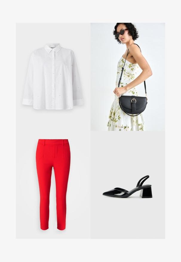 Weißes Hemd mit langen Ärmeln aus leichtem Stoff, das kleine herzförmige Ausschnitte und einen klassischen Kragen aufweist.; Object OBJLISA - Stoffhose - flame scarlet; Schwarze Lackleder-Slingback-High Heels mit spitzem Schuh und einem geometrischen Blockabsatz. Verfügt über ein schlankes, minimalistisches Design und eine glatte Textur.; Schwarze Lederhandtasche mit geschwungener Form, abnehmbarem Tragegurt und goldenen Beschlägen. Die Tasche verfügt über einen Deckel mit einer Schnallen-Details.
