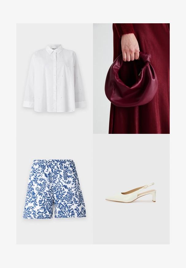 Biela košeľa na gombíky vyrobená z ľahkej látky, s malými výrezmi v tvare srdca, dlhými rukávmi a klasickým golierom.; Potlačené šortky z bielej tkaniny s motívom modrého koralu. Elastický pás, voľný strih a hladká textúra.; Biele lakované lodičky na podpätku so špicatou špičkou a nízkym blokovým opätkom. Obsahujú jemný remienok s detailom zlatého tónu.; Burgundská kožená kabelka s mäkkým, zhromaždeným dizajnom a zaobleným tvarom. Rukoväť je pevne zaisťujúca a vystavuje hladkú textúru.