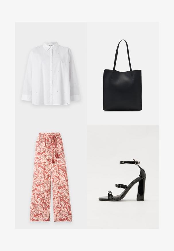 Hvit skjorte med knapper laget av lett stoff, med små hjerteformede utskjæringer, lange ermer og klassisk krage.; Vide benbukser i korallrød stoff med hvite botaniske mønstre. Har elastisk midjebånd og justerbar snor med dusk.; Svart høyglans sandaler med hæl, firkantet tå, ankelremmer og sølvspenner. Har en kraftig blokkhæl for stabilitet.; Svart lær tote bag med glatt tekstur, rektangulær form og to lange håndtak. Ingen synlige deler eller dekorasjoner.