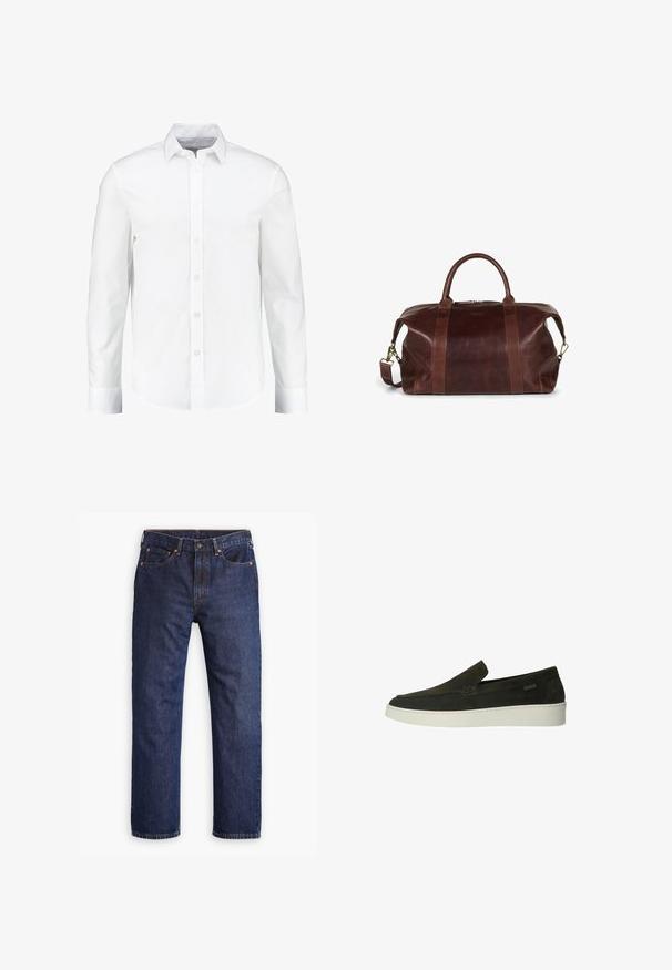 Witte lange mouwen overhemd met knopen, gemaakt van glad katoen. Heeft een klassieke kraag en een knoopsluiting aan de voorkant met een rechte zoom.; Donkerblauwe straight-leg denim jeans met een voorste knoop, ritsopening, vijf zakken en koperen klinknageldetails.; Manfield Instappers - grün; Bruine leren sporttas met dubbele handgrepen aan de bovenkant, een afneembare schouderband en een ritsluiting. Textuurafwerking met contrasterende accenten.