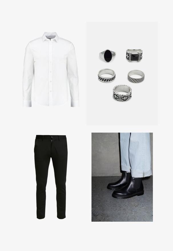 Camicia bianca a maniche lunghe con bottoni realizzata in cotone morbido. Presenta un collo classico e una chiusura frontale con bottoni, con orlo dritto.; Pantaloni neri slim-fit realizzati in un tessuto morbido. Presentano una chiusura con zip e bottone, due tasche laterali e una superficie liscia e pulita.; Stivaletti Chelsea in pelle nera con pannelli laterali elasticizzati e suola in gomma testurizzata, abbinati a jeans in denim blu chiaro con risvolto.; Set di cinque anelli: un anello sigillo d'argento con pietra nera, quattro bande metalliche con vari design, tra cui motivi intrecciati e striati.