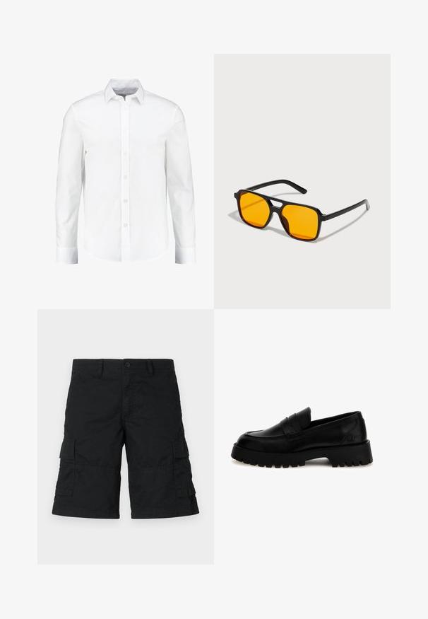 Camicia bianca a maniche lunghe con bottoni realizzata in cotone morbido. Presenta un collo classico e una chiusura frontale con bottoni, con orlo dritto.; Pantaloni cargo neri realizzati in tessuto leggero; presentano due tasche laterali e due tasche a patta; design dritto con una vestibilità ampia.; Mocassini in pelle nera con suola spessa e rigata. Presentano una punta a mocassino cucita e una fascia frontale. Il marchio è visibile sul tacco.; Occhiali da sole rettangolari neri con lenti arancioni audaci. Presentano un design unico del ponte e aste eleganti, realizzati in materiale leggero.