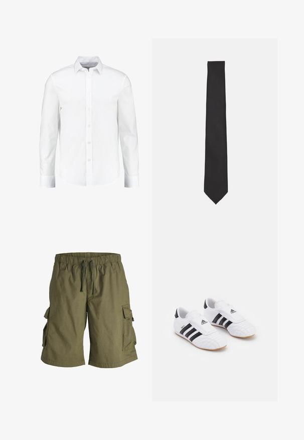 Weißes langärmliges Hemd mit Knöpfen aus glattem Baumwollstoff. Verfügt über einen klassischen Kragen und eine durchgehende Knopfleiste mit geradem Saum.; Cargoshorts aus olivgrünem Stoff, mit einem elastischen Bund und einem Kordelzug sowie seitlichen Cargotaschen. Glatte Textur, knielang.; Weiße Sportschuhe mit schwarzen Streifen, die eine samtähnliche Textur, eine abgerundete Zehe und einen Klettverschluss aufweisen. Gummisohle für besseren Halt.; Schwarze Fliege aus glattem Stoff, mit einer schlanken, verlängerten Form und einer spitzen Spitze, ohne sichtbare Muster oder Akzente.