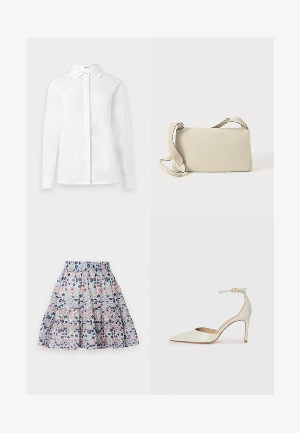 Balta ilgomis rankovėmis marškiniai, pagaminti iš lygaus medvilnės, su smailiu apykaklės dizainu, centriniais užsegamais mygtukais ir tiesiu apatinio krašto bei mygtukais užsegamomis rankovėmis.; Šviesiai mėlyna gėlėta sijonas, turintis rožinių ir tamsiai mėlynų gėlių. Sluoksniuotas dizainas su elastingu juosmeniu ir minkšta, tekstūruota medžiaga.; Balti odiniai aukštakulniai batai su smailiu priekiniu galu, kulkšnies dirželiu ir siauru stiletu. Lygi tekstūra su subtiliu blizgiu paviršiumi.; Kremo spalvos odinė petnešų rankinė su reguliuojama juostele ir užverčiamu užsegimu, pristatyta ant vienodo balto fono.