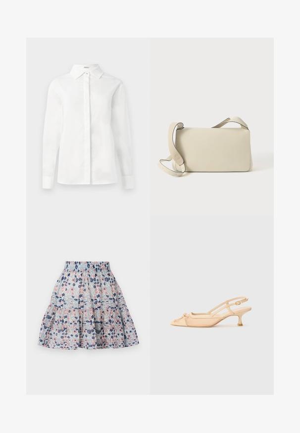 Cămașă albă cu mâneci lungi, fabricată din bumbac neted, prezentând un guler ascuțit, o deschidere centrală cu nasturi și un tiv drept, cu manșete cu nasturi.; Fustă cu imprimeu floral în albastru deschis, cu flori roz și bleumarin. Design în straturi, cu talie elastică și țesătură moale, texturată.; Stuart Weitzman KITTY - Pantofi clasici cu toc - beige/barely beige; Geantă de umăr din piele de culoare crem, cu curea ajustabilă și închidere cu clapetă, pe un fundal alb simplu.
