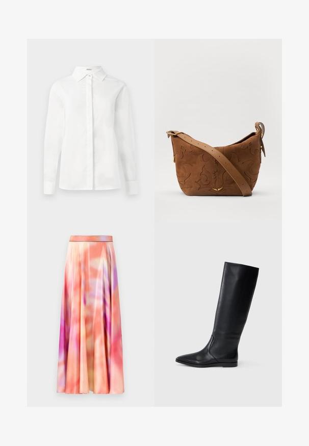 Balta ilgomis rankovėmis marškiniai, pagaminti iš lygaus medvilnės, su smailiu apykaklės dizainu, centriniais užsegamais mygtukais ir tiesiu apatinio krašto bei mygtukais užsegamomis rankovėmis.; Maxi sijonas pagamintas iš lengvos, satino tipo medžiagos, kuri pasižymi rausvų, oranžinių ir violetinių atspalvių mišiniu, lygia paviršių ir klostuotu dizainu.; Juodas odinis iki kelių batas su smailiu pirštu ir minimalistišku dizainu. Atsparus paviršius ir plokščias padas, su diskretiškai siuvinėtomis detalėmis šonuose.; Ruda suedes pečių rankinė su išsiuvinėtu gėlės dizainu, papildyta lygiu ruduo odos diržu ir auksinės spalvos detalėmis.