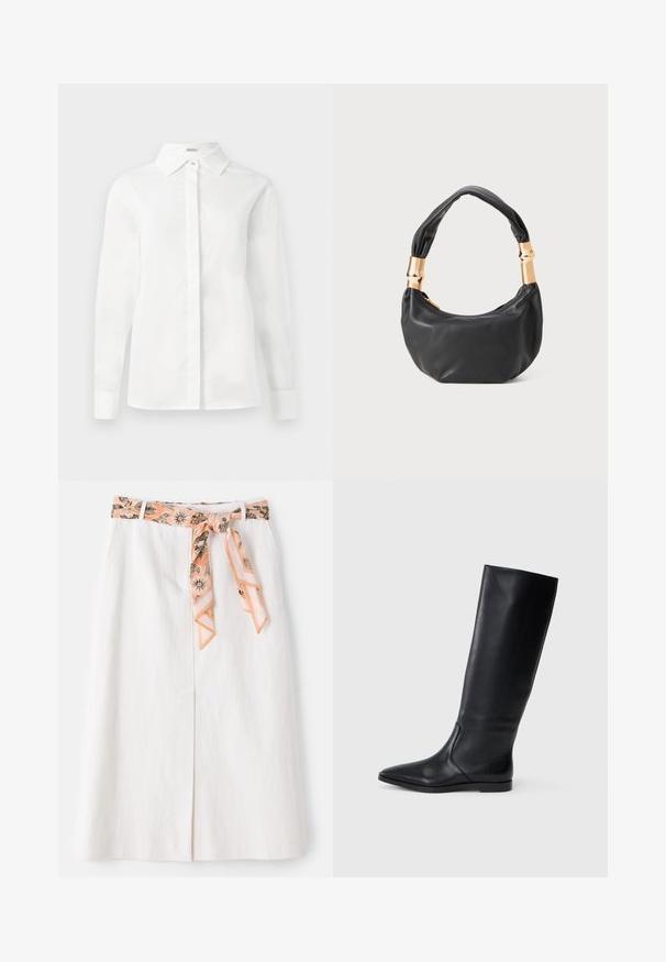 Witte lange mouwen overhemd van zachte katoen, met een puntige kraag, centrale knoopsluiting en rechte zoom met geknoopte manchetten.; Witte midi-rok met een gestreepte zijden strik in de taille. Heeft een rechte snit en subtiele textuur. Geen zichtbare sluitingen.; Zwarte leren kniehoge laars met een puntige neus en een minimalistisch ontwerp. Glad textuur en platte zool, met discreete zijnaaddetails.; Zwarte leren handtas met een ronde vorm, zachte textuur en een geknoopt handvat met gouden hardware accenten. Met rits sluiting.