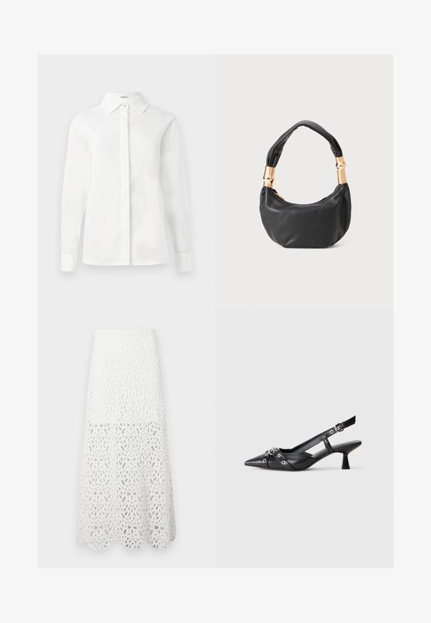 White long-sleeve shirt made of smooth cotton, featuring a pointed collar, central button placket, and straight-cut hem with buttoned cuffs.; Maje JOZIMALO - Maxi skirt - ecru; Black leather slingback shoe with a pointed toe, decorative straps featuring metal eyelets, and a low block heel. Textured surface.; Black leather handbag with a round shape, soft texture, and a knotted handle featuring gold-tone hardware accents. Zipper closure.