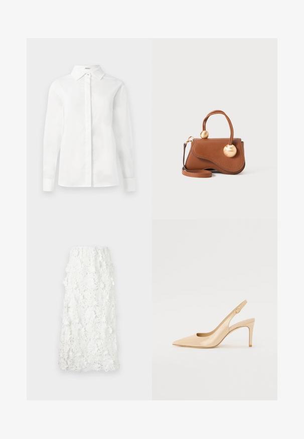 White long-sleeve shirt made of smooth cotton, featuring a pointed collar, central button placket, and straight-cut hem with buttoned cuffs.; White ankle-length skirt made of intricate floral lace with a scalloped hem. Elastic waistband for a relaxed fit. Textured, delicate pattern.; Nude patent leather slingback heel with a pointed toe, open vamp, and a thin stiletto heel. Features a circular gold accent on the strap.; Brown leather handbag with a wavy design, featuring two circular gold accents and a detachable shoulder strap for versatile carrying.