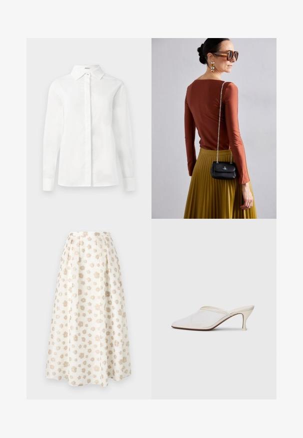 Balts garos piedurkņu krekls, izgatavots no gludas kokvilnas, ar punktētu apkakli, centrālu pogu rindas slēgšanu un taisni grieztu apakšmalu ar pogām aprocēm.; Ziedu raksta midi svārki krēmkrāsā un bēšā, ar krokām un teksturētu audumu. Dizains ietver izkaisītas mazus ziedus.; Baltas austs punka purngals mūlis ar šauru vidēji augstu papēdi un uzvelkamu dizainu uz vienkārša fona.; Vivienne Westwood SMALL PURSE CHAIN - Plecu soma - black