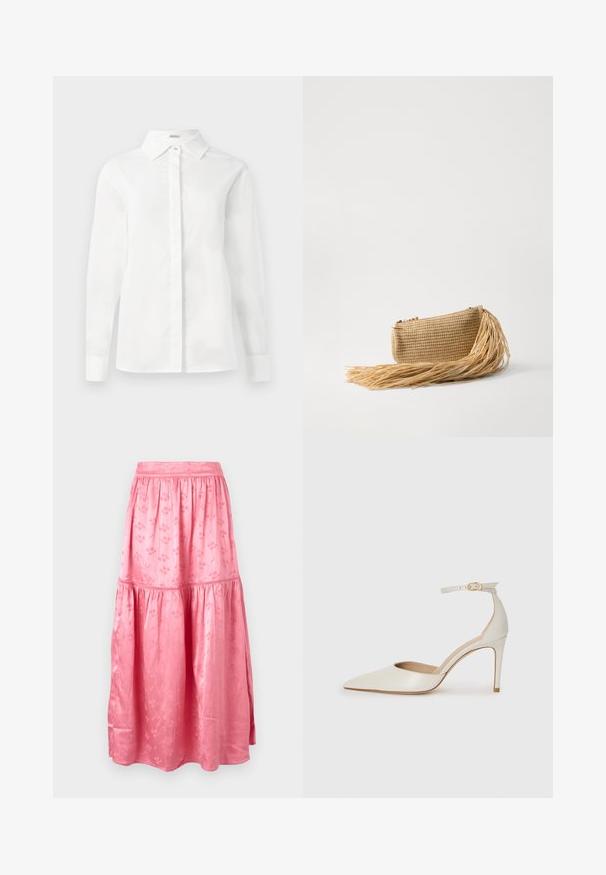 Balts garos piedurkņu krekls, izgatavots no gludas kokvilnas, ar punktētu apkakli, centrālu pogu rindas slēgšanu un taisni grieztu apakšmalu ar pogām aprocēm.; Rozā daudzslāņu svārki, izgatavoti no gludas auduma ar smalkiem ziedu rakstiem. Elastīgs jostasvīrs un pilna garuma dizains. Neliela mirdzoša tekstūra.; Baltas ādas augstpapēžu kurpes ar smailu purngala daļu, potītes siksniņu un šauru stiletto papēdi. Gluda tekstūra ar smalku spīdumu.; Cult Gaia VIERA - Vakarsomiņa - natural