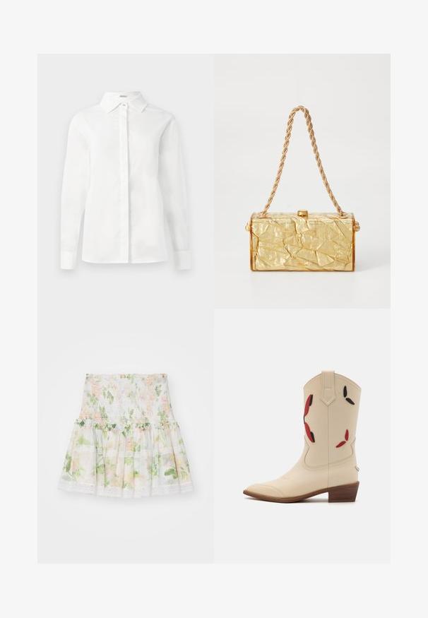 Camisa blanca de manga larga hecha de algodón suave, con un cuello puntiagudo, una tapeta central de botones y un dobladillo recto con puños abotonados.; Falda de estampado floral hecha de un tejido ligero. Presenta una cintura fruncida, un dobladillo con volantes y detalles de encaje. Los colores incluyen rosa, verde y blanco.; Botas de vaquero de cuero beige con punta afilada, tacón bajo apilado y aplicación decorativa de flores rojas y negras en el caña.; Bolso de mano con textura arrugada en dorado, de forma rectangular, con una correa de cadena y cierre de broche en la parte superior. Acabado suave y brillante.