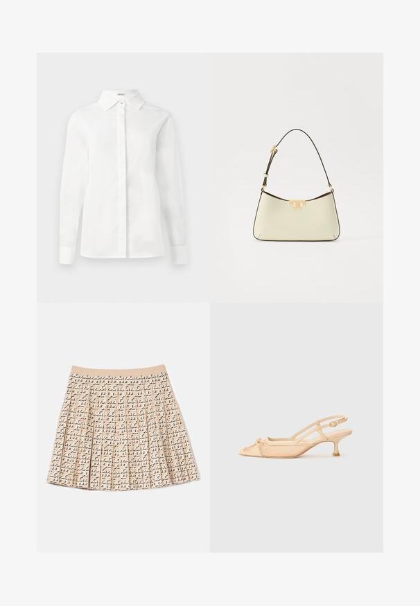 Valkoinen pitkähihaiseksi paita, joka on valmistettu sileästä puuvillasta. Paita sisältää terävän kauluksen, keskitetyn nappilistauksen ja suoran helman nappihaaroilla.; Purjehousut, jotka on valmistettu beigestä kankaasta, jossa on toistuva musta kuvio. Ominaisuuksiin kuuluu pehmeä vyötärö ja hieman levenevä muotoilu.; Stuart Weitzman KITTY - Avokkaat - beige/barely beige; Valkoinen nahkainen käsilaukku, jossa on kaareva muoto. Varustettu kultaisella logolla ja ohueholla, säädettävällä tummalla olkaimella.