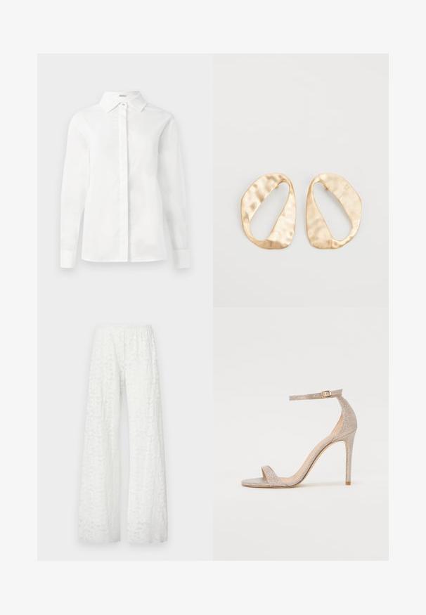 Fehér, hosszú ujjú ing, sima pamutból készült, hegyes gallérral, középső gombolással és egyenes szabású aljával, gombos mandzsettával.; Fehér, bő szárú nadrág, rugalmas derékkal, ami texturált, virágos csipkepatternt mutat az anyagon.; Fém rózsaarany színű, pántos magassarkú szandál, texturált felsőrésszel, nyitott orral és arany csattal díszített bokapánttal.; Egy pár szabálytalan, ovális formájú, aranyszínű fém fülbevaló, enyhén kalapált felülettel, fehér háttéren.