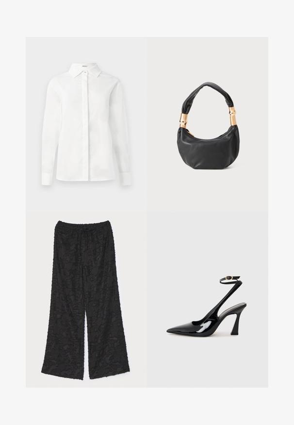 Chemise blanche à manches longues en coton lisse, avec un col pointu, un plastron central à boutons et un ourlet droit avec des poignets boutonnés.; Pantalons larges noirs en tissu texturé avec un motif floral. Dotés d'une taille élastique avec un cordon de serrage pour un ajustement réglable.; Escarpins noirs en cuir verni avec un bout pointu, sangle ajustable à la cheville et un talon bloc modéré. Texture lisse avec finition brillante.; Sac à main en cuir noir de forme ronde, texture douce, et avec une anse nouée ornée d'accents en matériel doré. Fermeture éclair.