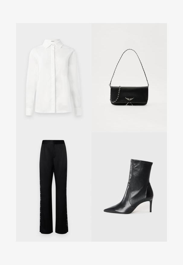 Witte lange mouwen overhemd van zachte katoen, met een puntige kraag, centrale knoopsluiting en rechte zoom met geknoopte manchetten.; Zwarte broek met een gladde, glanzende textuur, voorzien van kanten accenten langs de zijkanten. Wijd uitlopende pasvorm, geklede tailleband en geen zichtbare zakken.; Zwarte enkelboots van soepel leer, met een spitse neus, een aangesloten schacht en een slanke hoge hak. Minimalistisch ontwerp zonder zichtbare hardware.; Zwarte leren handtas met een zilveren kettingband, voorzien van decoratieve vleugelaccenten en witte stiksels langs de onderste naad.