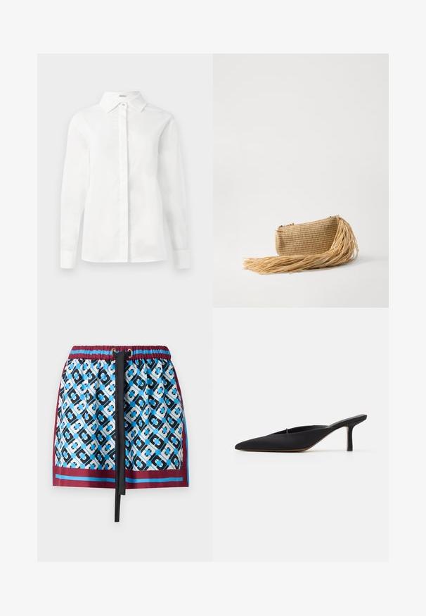 Witte lange mouwen overhemd van zachte katoen, met een puntige kraag, centrale knoopsluiting en rechte zoom met geknoopte manchetten.; Korte rok met een blauw en zwart geometrisch patroon, elastische tailleband met trekkoord en bordeauxrode afwerking langs de onderkant.; Zwarte muiltje met spitse neus en een strak ontwerp, gemaakt van gladde stof, met een slanke hak en open achterkant voor gemakkelijk aan- en uittrekken.; Cult Gaia VIERA - Clutch - natural