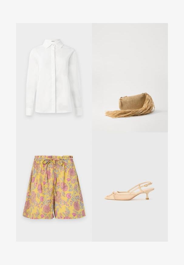 Fehér, hosszú ujjú ing, sima pamutból készült, hegyes gallérral, középső gombolással és egyenes szabású aljával, gombos mandzsettával.; Sárga színű, virágmintás rövidnadrág, rózsaszín és szürke mintákkal, rugalmas derékrésszel és megkötővel, laza, kényelmes szabással.; Stuart Weitzman KITTY - Klasszikus sarkú cipők - beige/barely beige; Cult Gaia VIERA - Alkalmi kézitáska - natural
