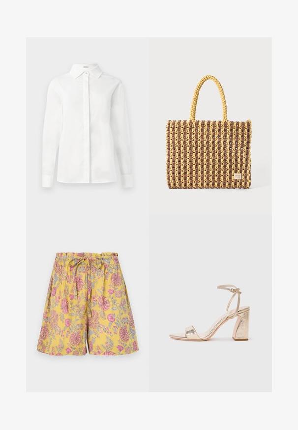 Cămașă albă cu mâneci lungi, fabricată din bumbac neted, prezentând un guler ascuțit, o deschidere centrală cu nasturi și un tiv drept, cu manșete cu nasturi.; Pantaloni scurți cu un model floral în galben, având desene în roz și gri, cu un elastic în talie și un șnur, și o croială lejeră și confortabilă.; Sandala cu toc înalt de culoare auriu metalizat are o curea lata peste degete, curea reglabilă la gleznă și un toc bloc texturat.; Geantă țesută în nuanțe de maro și galben, cu o formă rectangulară, două bretele de mână și un finisaj texturat cu cusături vizibile și un etichetă de marcă.