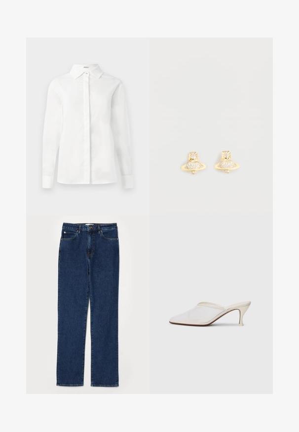Biela košeľa s dlhým rukávom vyrobená z hladkej bavlny, s špicatým golierom, centrálnou zapínacou klapkou a priamym lemom s gombíkovými manžetami.; Džínsy v tmavomodrej farbe, s rovnými nohavicami, s piatimi vreckami, pevný pás a viditeľné švy.; Biele sieťované lodičky s špicatou špičkou, s úzkym stredne vysokým podpätkom a bez zapínania, na jednobodovom pozadí.; Náušnice so zlatým odtieňom v tvare Saturna s textúrovaným pásom a osadenými kruhovými kryštálmi pre väčší lesk.