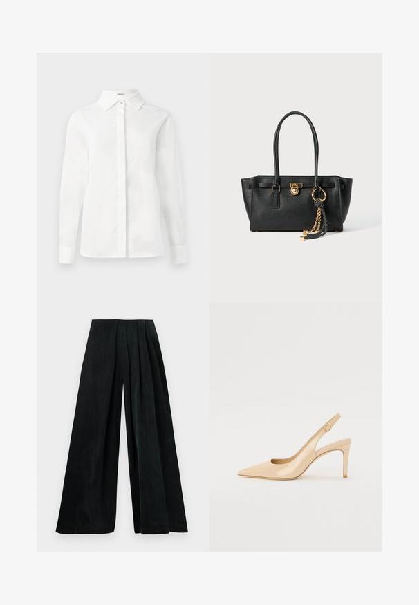 White long-sleeve shirt made of smooth cotton, featuring a pointed collar, central button placket, and straight-cut hem with buttoned cuffs.; Wide-leg trousers in dark green fabric, featuring pleats at the waist. Smooth texture with a flowing silhouette. No visible hardware or patterns.; Nude patent leather slingback heel with a pointed toe, open vamp, and a thin stiletto heel. Features a circular gold accent on the strap.; Black leather handbag with double handles, gold lock and chain detail, and black-and-white tassel accessory against white background.