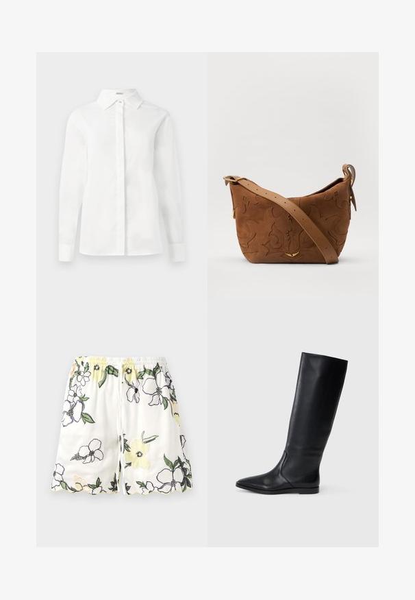 Fehér, hosszú ujjú ing, sima pamutból készült, hegyes gallérral, középső gombolással és egyenes szabású aljával, gombos mandzsettával.; Fehér nadrág, sárga, lila és fekete virágmintával hímezve. Rugalmas derékkal és hullámos szegéllyel rendelkezik. Zsinórral záródik.; Fekete bőr, térdig érő csizma hegyes orral és minimalista dizájnnal. Simább textúra és lapos talp, diszkrét oldalsó varrási részletekkel.; Barna velúr válltáska, dombornyomott virágmintával, sima barna bőrpánttal és arany színű fém kiegészítőkkel.