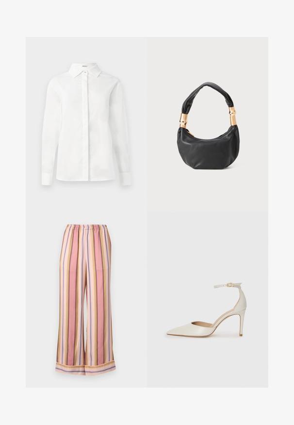White long-sleeve shirt made of smooth cotton, featuring a pointed collar, central button placket, and straight-cut hem with buttoned cuffs.; Striped pajama pants featuring an elastic waistband, wide legs, and alternating pink, lavender, and yellow stripes with a smooth texture.; White leather high-heeled shoe with a pointed toe, ankle strap, and a slim stiletto heel. Smooth texture with subtle glossy finish.; Black leather handbag with a round shape, soft texture, and a knotted handle featuring gold-tone hardware accents. Zipper closure.