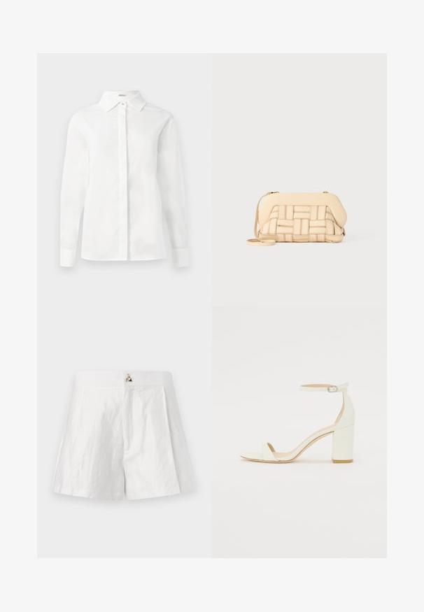Valge pikkade käistega särk, mis on valmistatud siledast puuvillast, millel on terav krae, keskmine nööbiplokk ja sirge serv nööpidega mansettidega.; Valged linased shorts, millel on lame vöökoht, pleeditud esikujundus ja metalliklogo aktsent keskel.; Valge nahast takjakandiga sandaal, millel on kinnitusrihm ja minimalistlik disain. Avatud varvastes ja sileda pinnaga.; Kootud beež käsipaga, millel on struktureeritud disain, sile ülemine osa ja pikk rihm. Tekstureeritud detailid tõstavad eseme üldilmet.