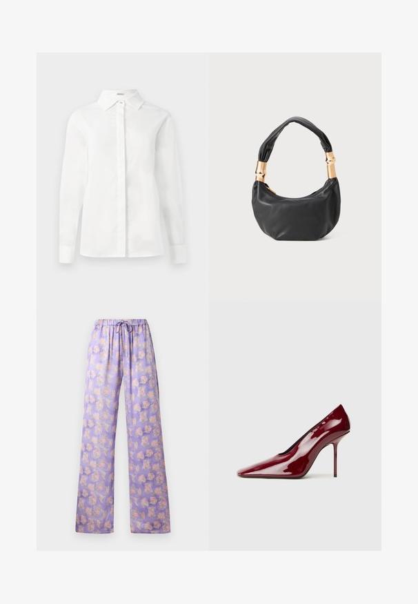 Vit långärmad skjorta i mjuk bomull, med spettskrage, mittknappslå och raka fållar med knäppta manschetter.; Ljuslila blommiga byxor med elastisk midja och dragsko. Har ett mjukt tyg, vida ben och ett mönster av rosa och gröna blommor.; Burgundyröd lackläder högklackad pumpsko med spetsig tå och slank silhuett; har en smal klack och en mjuk, glänsande yta.; Svart läderhandväska med rund form, mjuk textur och ett knuthandtag med detaljer i guldfärg. Dragkedjestängning.