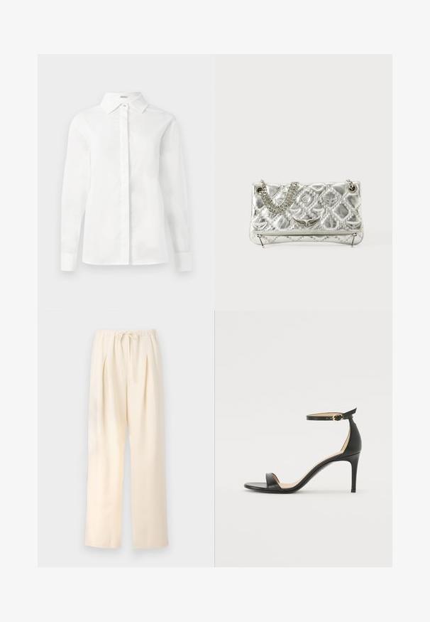 Biela košeľa s dlhým rukávom vyrobená z hladkej bavlny, s špicatým golierom, centrálnou zapínacou klapkou a priamym lemom s gombíkovými manžetami.; Béžové skladané nohavice s elastickým pásom a nastaviteľným šnúrkovým viazaním. Ľahká tkanina a široký, rovný strih nohavíc.; Čierne kožené sandále na vysokom podpätku s popruhom okolo členka. Vlastnosti hladkého povrchu, otvorenej špičky a tenkého podpätku. Detail zlatého spony.; Strieborná metalická kabelka s reťazovým držadlom, prešívanou textúrou, dekoratívnym prešívaním a zipsovým uzáverom. Na prednej strane má vyrazené akcenty.