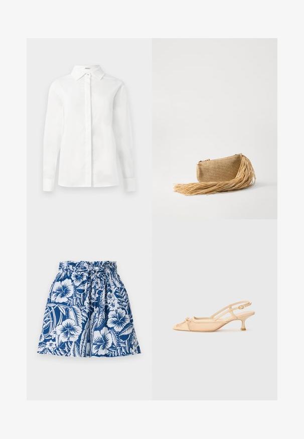 Fehér, hosszú ujjú ing, sima pamutból készült, hegyes gallérral, középső gombolással és egyenes szabású aljával, gombos mandzsettával.; Kék és fehér virágmintás rövidnadrág, gumis derékkal, fűződettel és bővített szabással. Könnyű anyagból készült.; Stuart Weitzman KITTY - Klasszikus sarkú cipők - beige/barely beige; Cult Gaia VIERA - Alkalmi kézitáska - natural
