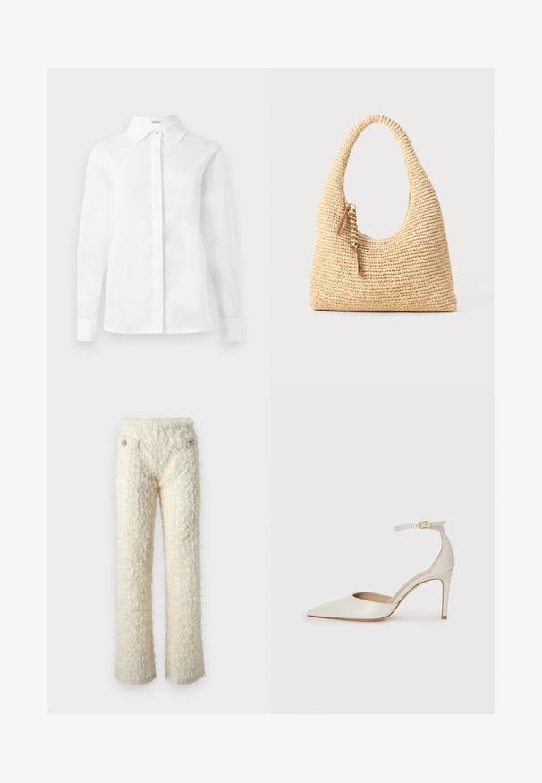 Fehér, hosszú ujjú ing, sima pamutból készült, hegyes gallérral, középső gombolással és egyenes szabású aljával, gombos mandzsettával.; Puhább, krémfehér nadrág, kellemes tapintással, egyenes lábakkal és díszes ezüstgombokkal a zsebek elülső részén.; Fehér bőr, magassarkú cipő hegyes orral, bokapánttal és vékony tűs sarkal. Simaszövet, finom fényes felülettel.; Szőtt bézs kézitáska ívelt fogantyúval, textúrált felülettel és barna bojtos díszítéssel. Lazán lecsüngő, hobo stílusú forma jellemzi.