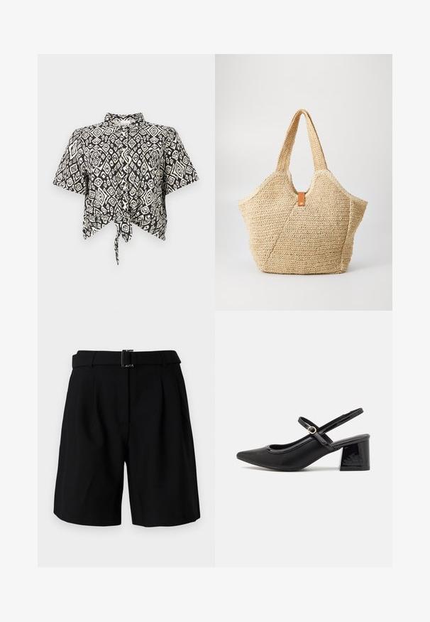 Svart och vit kortärmad crop top med ett diamantmönster och en knytdetalj fram. Gjord av lättviktigt tyg med krage.; Svarta skräddarsydda shorts med en slät yta, med en bred midja och en detalj med metallspänne. Strukturerad design och veckad framtill.; Svarta lackläder slingback-klackar med spetsig tå, en rundad utskärning och en blockklack. Utsmyckad med en spänne i guldton.; Stor strandväska av halm med en texturerad, beige yta och två breda handtag. Har en läderdetalj som stängning.