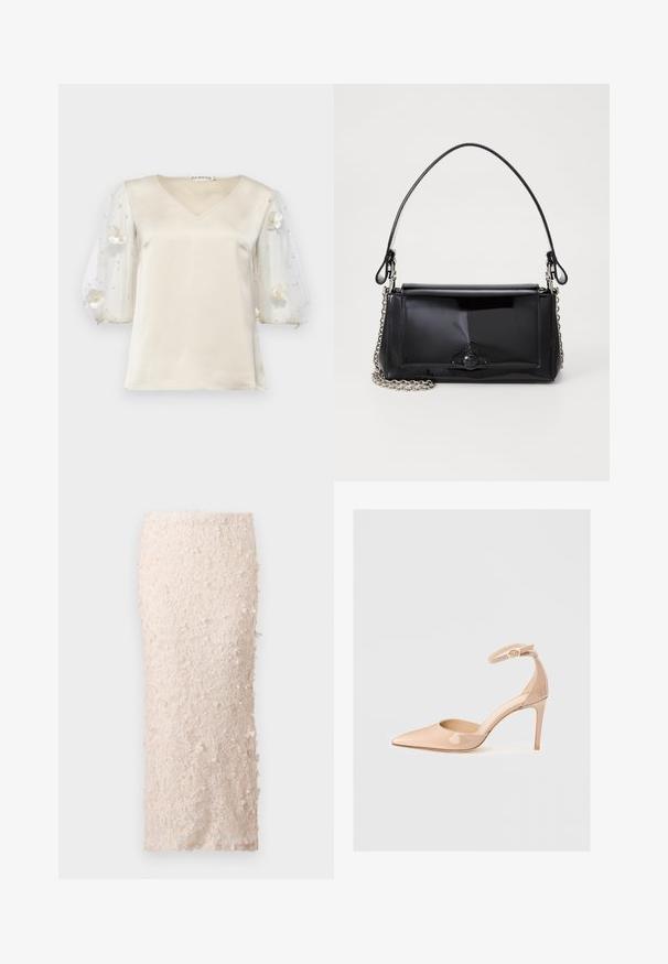 Ida Sjöstedt EXCLUSIVE RHIANNON  - Bluse - ivory; Cremefarbene Bleistiftskirt aus Spitze mit floralen Applikationen. Das Design ist tailliert und weist eine glatte Textur sowie detaillierte Verzierungen auf.; Nude Lackleder-Pumps mit spitzem Zehenbereich, einem Knöchelriemen und einem Stiletto-Absatz, die eine glatte Textur und ein minimalistisches Design aufweisen.; Schwarze Lackleder-Handtasche mit rechteckiger Form, Kettenriemen und einem markanten Hardware-Akzent in der Mitte. Glatte Textur.