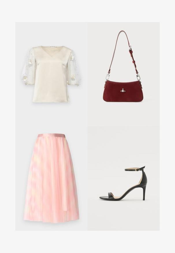 Ida Sjöstedt EXCLUSIVE RHIANNON - Blus - ivory; Ida Sjöstedt FLAWLESS SKIRT - A-linjekjol - pink; Svart läder högklackad sandal med ankelrem. Har en mjuk yta, öppen tå och en tunn klack. Guldtonad spänne som detalj.; Röd mocka axelväska med en böjd form. Har en silverfärgad detalj och justerbar rem med hårdvarudetaljer. Slät textur.