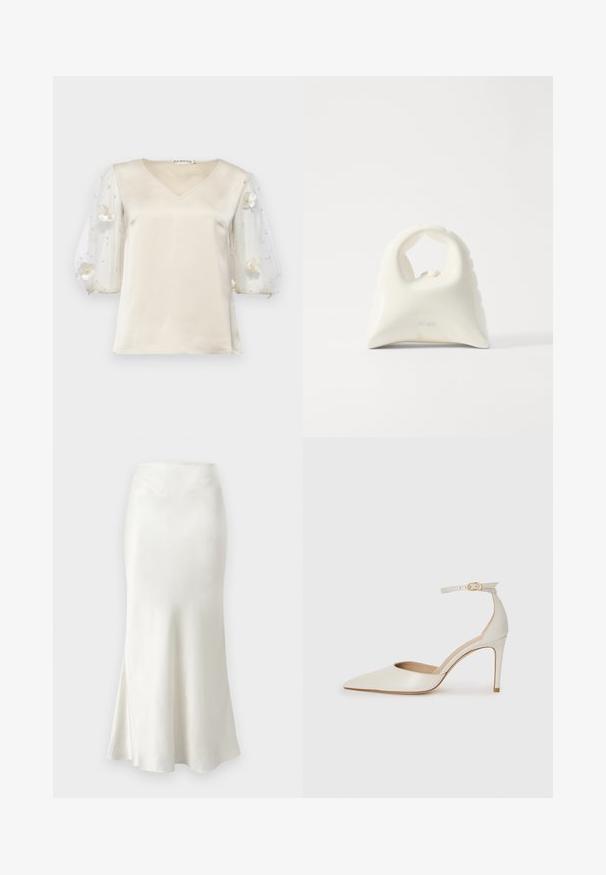 Ida Sjöstedt EXCLUSIVE RHIANNON - Bluza - ivory; Svila midi krilo v odtenku off-white s razširjenim robom. Gladka tekstura, oprijet pas in subtilni šivi na vrhu.; Bela usnjena čevlja na visoki peti z ozkim prstom, trakom okoli gležnja in tanko stiletto peto. Gladka tekstura z rahlim sijočim finišem.; Bela torbica z teksturiranim, ukrivljenim dizajnom. Ima izrazito ročico in zaobljen dno, z gladko površino in minimalno opremo.