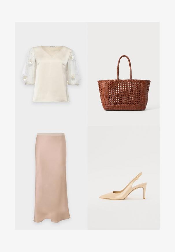Ida Sjöstedt EXCLUSIVE RHIANNON  - Blouse - ivory; Jupe midi en satin de couleur beige clair avec une texture lisse. Elle présente une taille ajustée et une coupe légèrement évasée, s'évasant doucement au niveau de l'ourlet.; Escarpin slingback en cuir verni nude avec un bout pointu, un décolleté ouvert et un talon aiguille fin. Comprend un accent doré circulaire sur la sangle.; Sac fourre-tout en toile marron tissé avec un motif ouvert, de forme rectangulaire, et deux poignées tressées. Doté d'un fond solide pour un bon soutien.