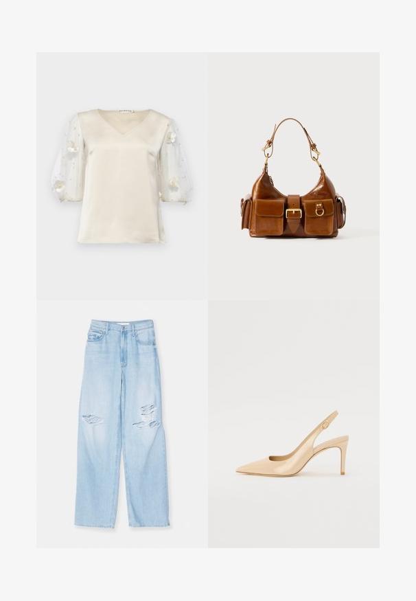 Ida Sjöstedt EXCLUSIVE RHIANNON - Blūze - ivory; Gaiši zili platām kājām džinsi ar augstu jostasvietu, ar noberztām izplēstām vietām priekšā, izgatavoti no gludas tekstūras denima.; Nude lakota ādas paps papēdis ar norādītu purngalu, atvērtu augšdaļu un plānu stiletto papēdi. Iezīmē apļa zelta akcentu siksnā.; Brūna ādas rokassoma ar izliekta formu, diviem zelta toniem, divām priekšējām kabatām un platu siksnu. Gluda tekstūra ar elegantu apdari.