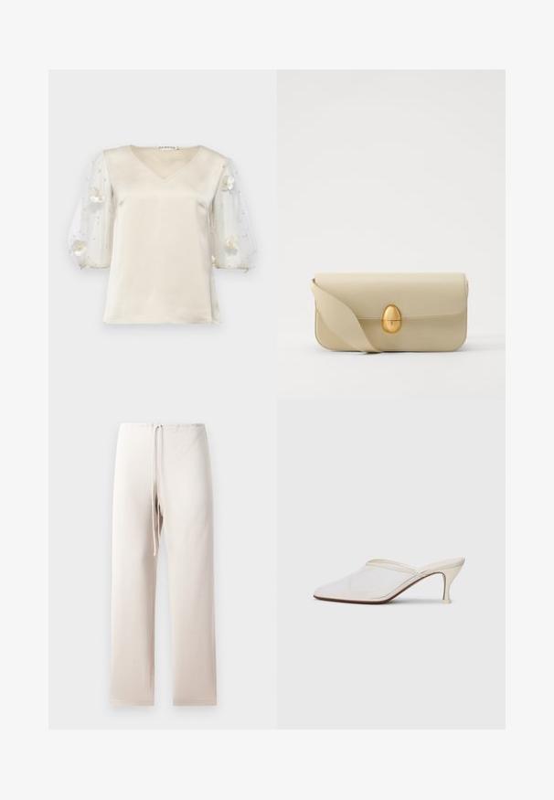 Ida Sjöstedt EXCLUSIVE RHIANNON - Blūze - ivory; Gai bežīgas auduma bikses ar taisnu griezumu, kurām ir elastīga jostasvieta un aukliņa. Materiāls šķiet mīksts un gluds.; Baltas austs punka purngals mūlis ar šauru vidēji augstu papēdi un uzvelkamu dizainu uz vienkārša fona.; Beige krēma ādas somiņa ar gludu tekstūru, taisnstūra formu un zelta ovālu aizdari. Aprīkota ar garu, regulējamu siksnu.