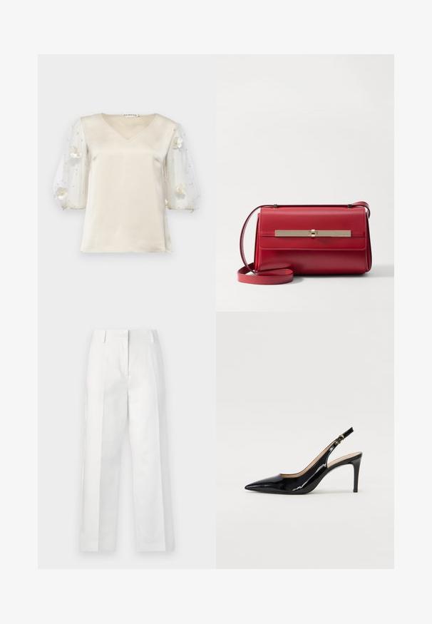 Ida Sjöstedt EXCLUSIVE RHIANNON - Blouse - ivory; White wide-leg trousers made of a lightweight fabric, featuring front pleats, two back pockets, and a smooth texture.; Black patent leather slingback pump with pointed toe, slim heel, and a subtle cutout design. Features a gold buckle on the strap.; Stuart Weitzman POSH SHOULDER BAG - Cross body bag - cherry