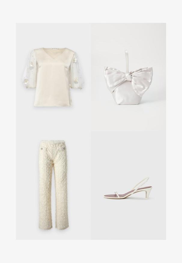 Ida Sjöstedt EXCLUSIVE RHIANNON - Blūze - ivory; Mīksti, baltā krāsā žaketes ar patīkamu tekstūru, taisnām kājām un dekoratīvām sudraba pogām uz priekšējām kabatām.; Baltas siksnas sandales ar nelielu papēdi, plānām siksniņām un gludu ādas tekstūru; ar nelielu dekoratīvu sprādzi.; Balts satīna rokas maisiņš ar lielu loku priekšā. Maisiņam ir strukturēta forma un īsa, gluda rokturis.
