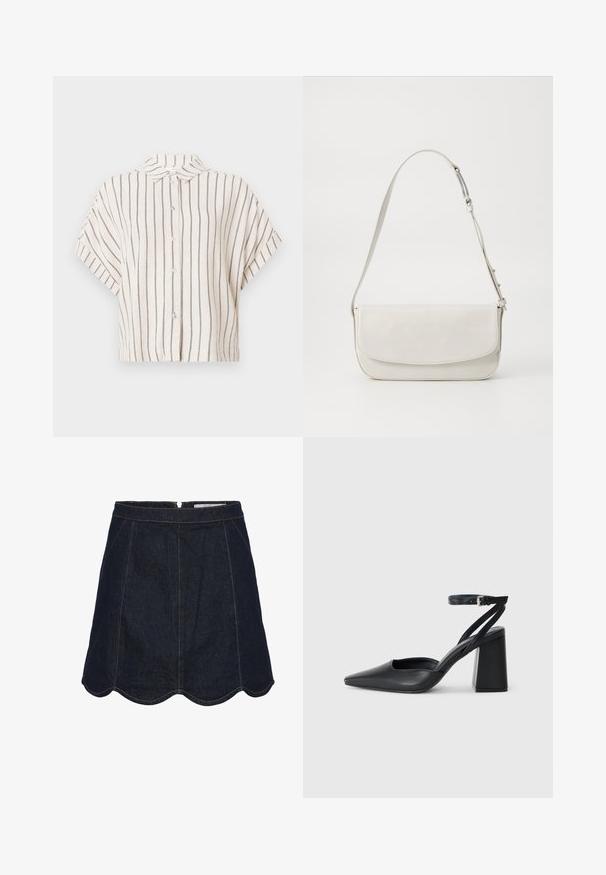 Rövid ujjú, galléros ing krém színű anyagból, függőleges sötétkék csíkokkal. Gombos elülső rész, rövidített fazon és laza illeszkedés.; Sötétkék farmer szoknya hullámos szegéllyel, hat panellel és kontrasztos sárga varrással. Cipzáras záródás a hátoldalon.; Fekete bőr, hegyes orrú magassarkú cipő boka pánttal és vastag sarokkal. Sima textúra, elegáns dizájn és minimális esztétika.; Fehér bőr válltáska sima felülettel, téglalap alakú, fedeles záródással és állítható pánttal. Egyszerű varrási részletek.