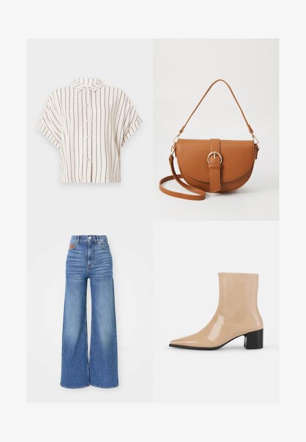 Kratka majica s kratkimi rokavi in ovratnikom iz kremnega blaga z navpičnimi mornarsko modrimi črtami. Zapiranje na gumb, skrajšana zasnova in sproščen kroj.; Visoko pasovi široke hlače iz svetlo modrega denima z rahlim bledenjem, z zaklepom na gumb in usnjenim detajlom na hrbtnem pasu.; Beige lakirane gležnjače s izoštrenim nosom i debelim crnim potplatom. Glatka, sjajna tekstura s minimalističkim dizajnom.; Rjava usnjena torbica prek telesa s ukrivljeno obliko, zlate opreme in sponko. Ima odstranljiv naramni trak.