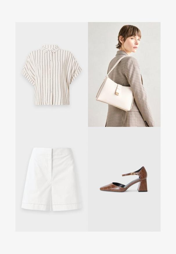Korte ermer, kraget skjorte i kremfarget stoff med vertikale marineblå striper. Knappelukking foran, cropped design og avslappet passform.; Hvite bomullsshorts med rett snitt, med en glatt tekstur, baklommer og en dekorativ søm langs kanten.; Brune lakksandal med firkantet tå, teksturert krokodillemønster, ankelreim med gullspenne og en tykk hæl.; Hvit lær veske med en strukturert design, med magnetlås og skulderstropp, vist mot en nøytral bakgrunn.