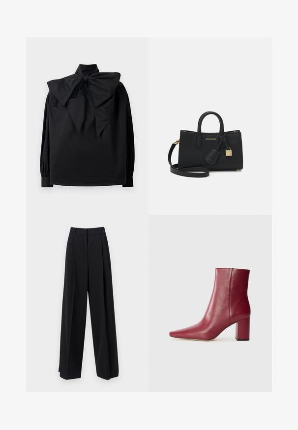 Črna bluzica z dolgimi rokavi in visokim ovratnikom, z velikim, pretiranim metuljčkom zavezanem okoli vratu, prikazana na enobarvni beli podlagi.; WEEKEND MaxMara BAIOCCO - Hlače - black; Burgundska usnjena gležnjarja z ostrim nosom, blok peto in gladko teksturo, z brezhibnim dizajnom brez vidnih kovinskih delov.; Črna usnjena torbica s strukturiranim dizajnom, zgornjimi ročaji in snemljivim naramnim trakom. Opremljena je z zlatim okovjem in charms z logotipom.