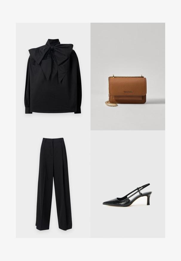 Black long-sleeve blouse with high collar and large, exaggerated bow tied at the neckline, displayed on a plain white background.; WEEKEND MaxMara BAIOCCO - Trousers - black; Black patent slingback heel with a pointed toe, featuring textured snake print, adjustable strap, and a short, textured block heel.; Brown textured leather crossbody bag with gold chain strap and flap closure. Front features logo detail and a pocket under the flap.